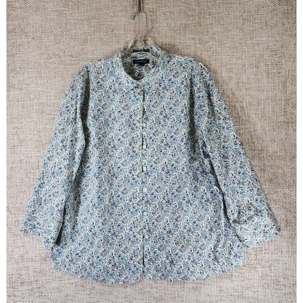 Lands End No Iron Blue Ditsy Floral Blouse‎ Womens 18 Stretch Cotton 3/4 Sleeve